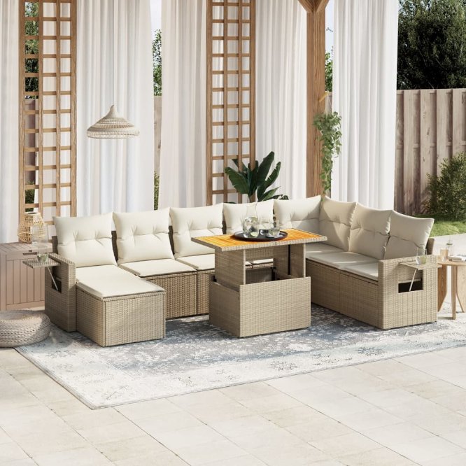 9-tlg. Garten-Sofagarnitur mit Kissen Schwarz Poly Rattan