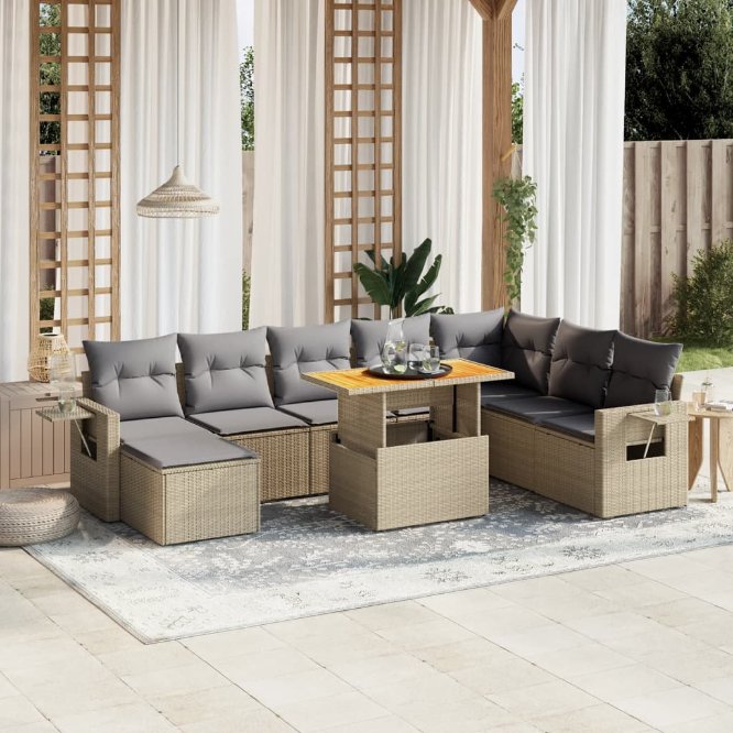 9-tlg. Garten-Sofagarnitur mit Kissen Schwarz Poly Rattan