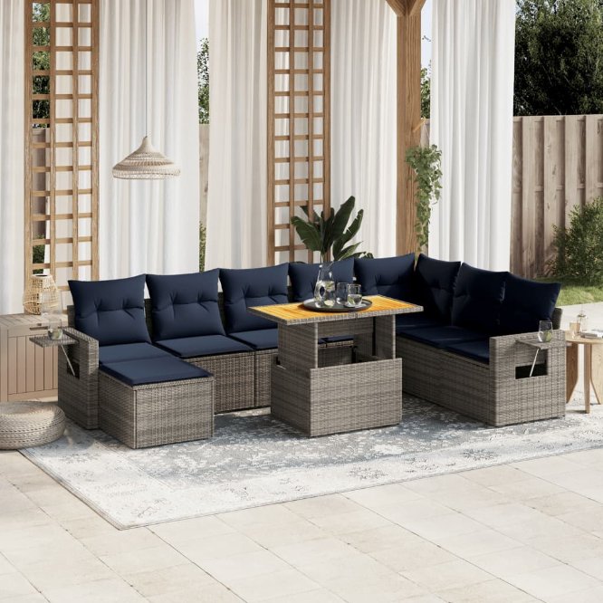 9-tlg. Garten-Sofagarnitur mit Kissen Schwarz Poly Rattan