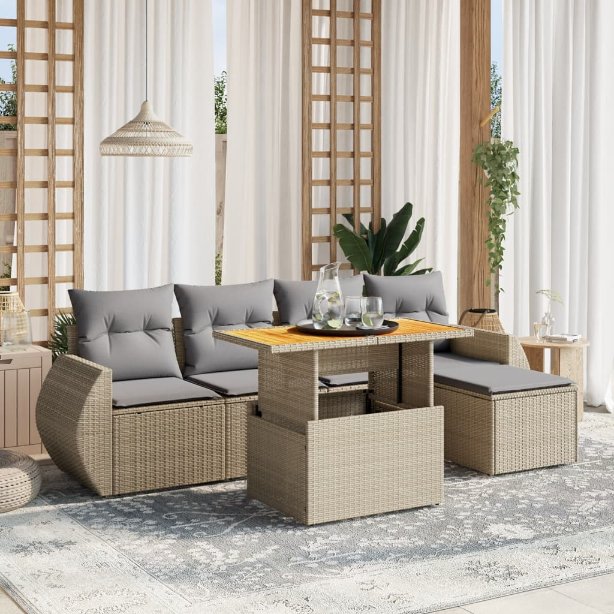 6-tlg. Garten-Sofagarnitur mit Kissen Schwarz Poly Rattan