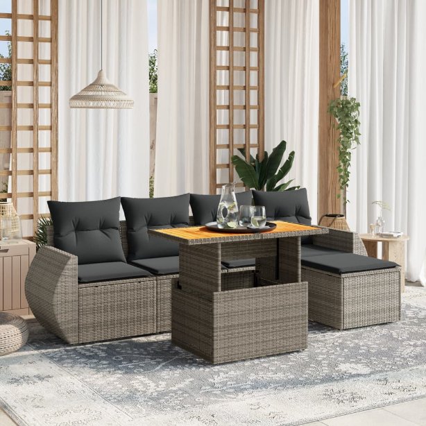 6-tlg. Garten-Sofagarnitur mit Kissen Schwarz Poly Rattan