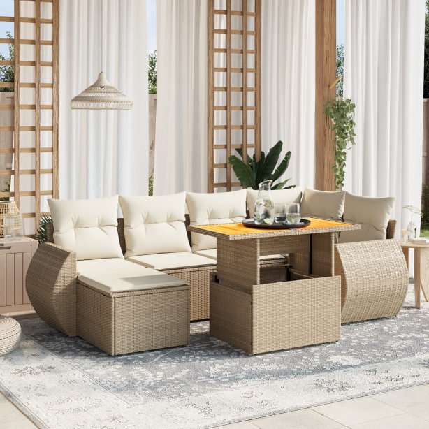 7-tlg. Garten-Sofagarnitur mit Kissen Schwarz Poly Rattan