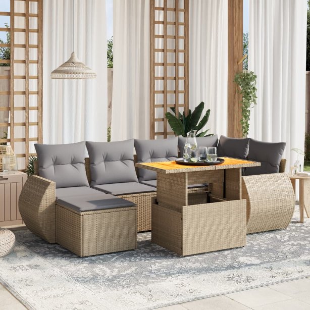7-tlg. Garten-Sofagarnitur mit Kissen Schwarz Poly Rattan
