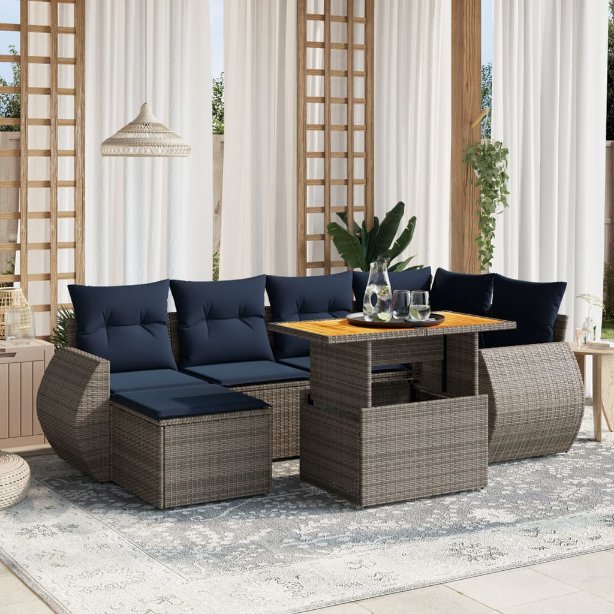 7-tlg. Garten-Sofagarnitur mit Kissen Schwarz Poly Rattan