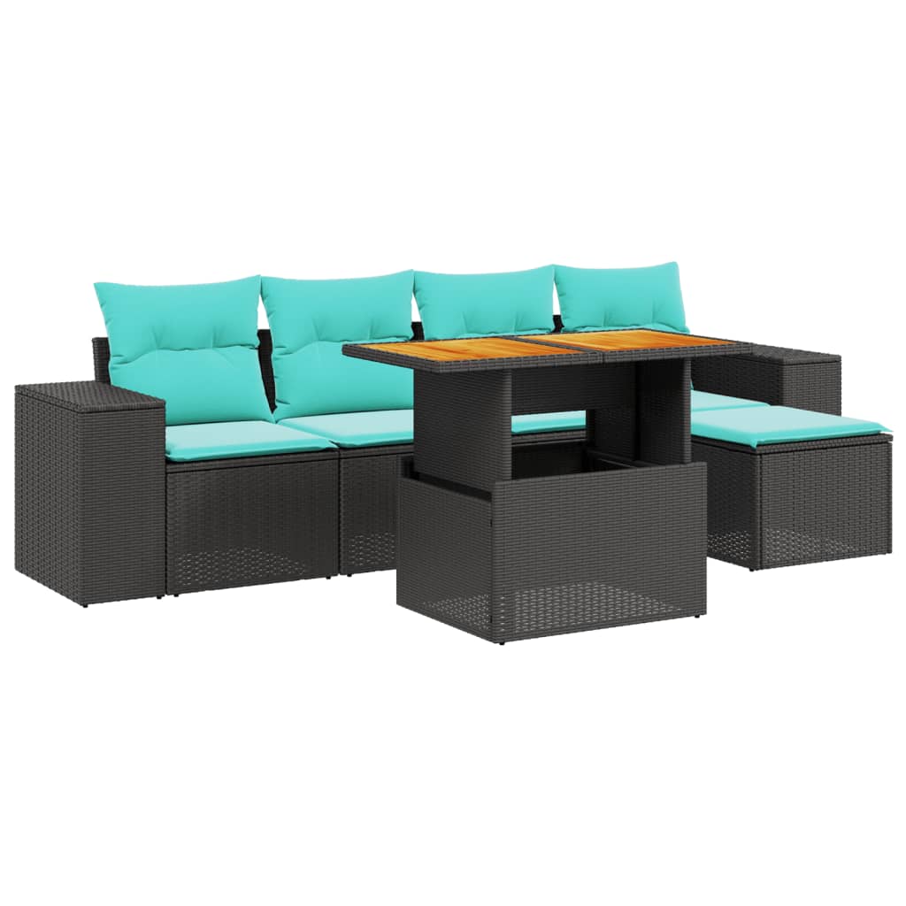6-tlg. Garten-Sofagarnitur mit Kissen Schwarz Poly Rattan