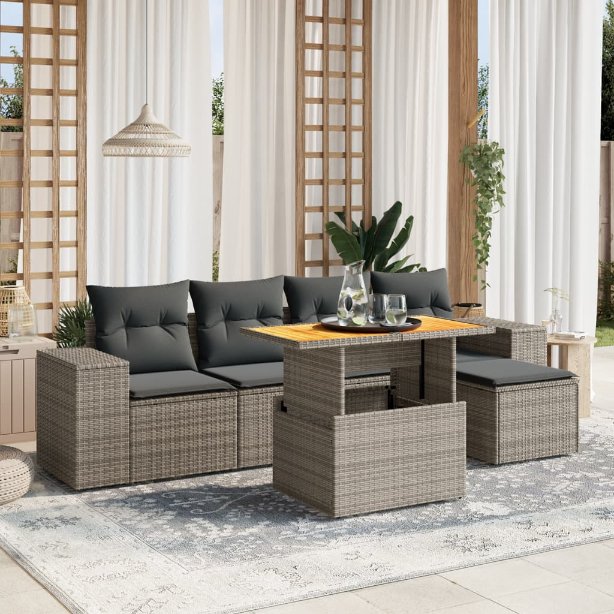 6-tlg. Garten-Sofagarnitur mit Kissen Schwarz Poly Rattan