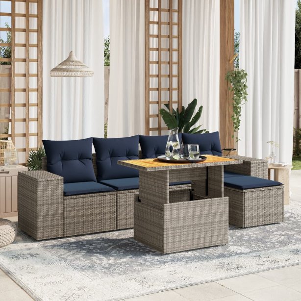 6-tlg. Garten-Sofagarnitur mit Kissen Schwarz Poly Rattan
