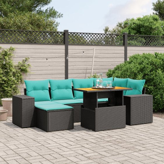 7-tlg. Garten-Sofagarnitur mit Kissen Schwarz Poly Rattan