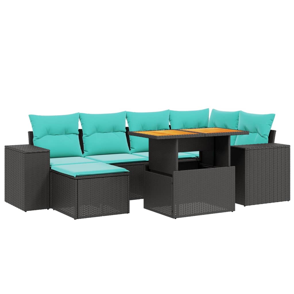7-tlg. Garten-Sofagarnitur mit Kissen Schwarz Poly Rattan