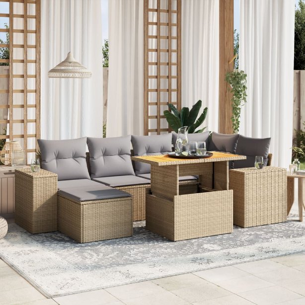 7-tlg. Garten-Sofagarnitur mit Kissen Schwarz Poly Rattan