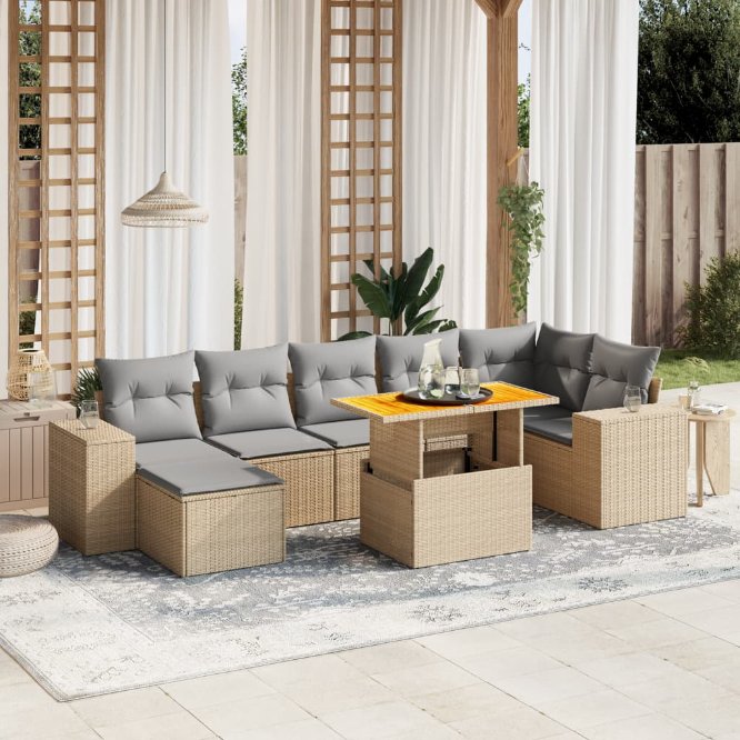 8-tlg. Garten-Sofagarnitur mit Kissen Schwarz Poly Rattan