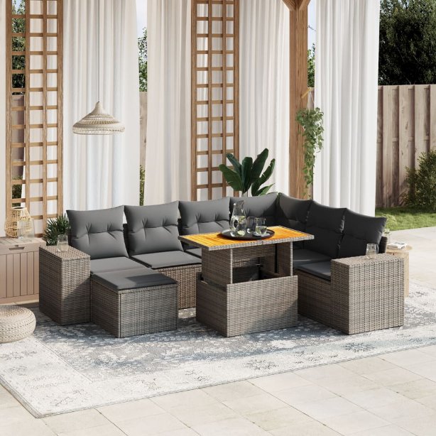 8-tlg. Garten-Sofagarnitur mit Kissen Schwarz Poly Rattan