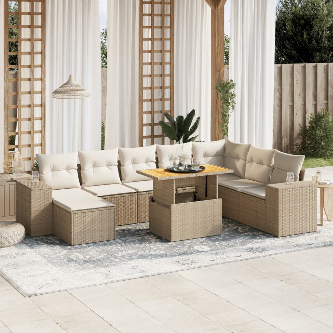9-tlg. Garten-Sofagarnitur mit Kissen Schwarz Poly Rattan