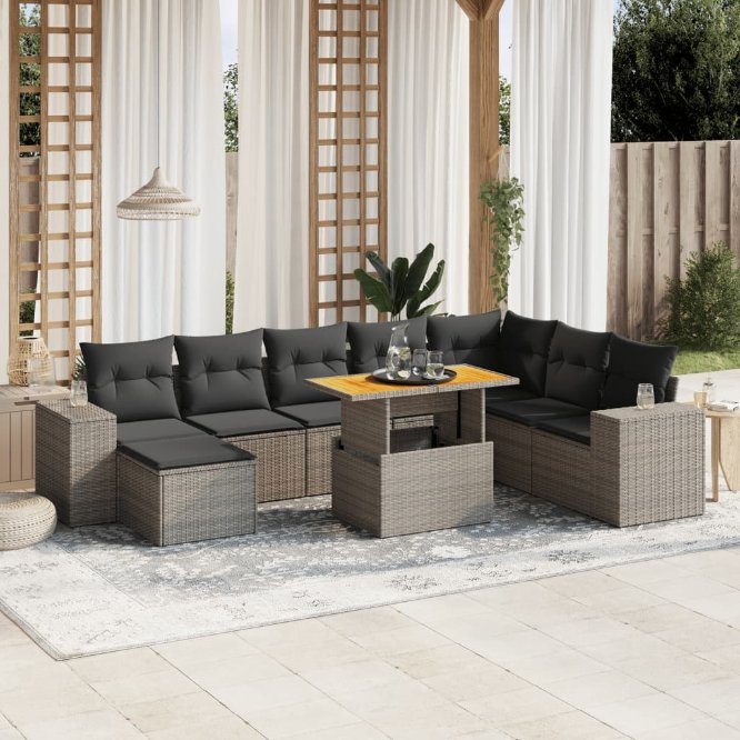 9-tlg. Garten-Sofagarnitur mit Kissen Schwarz Poly Rattan