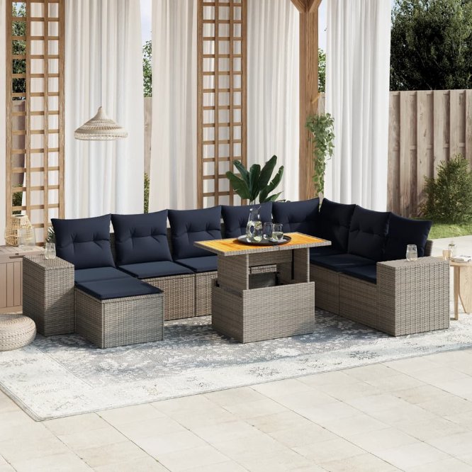 9-tlg. Garten-Sofagarnitur mit Kissen Schwarz Poly Rattan