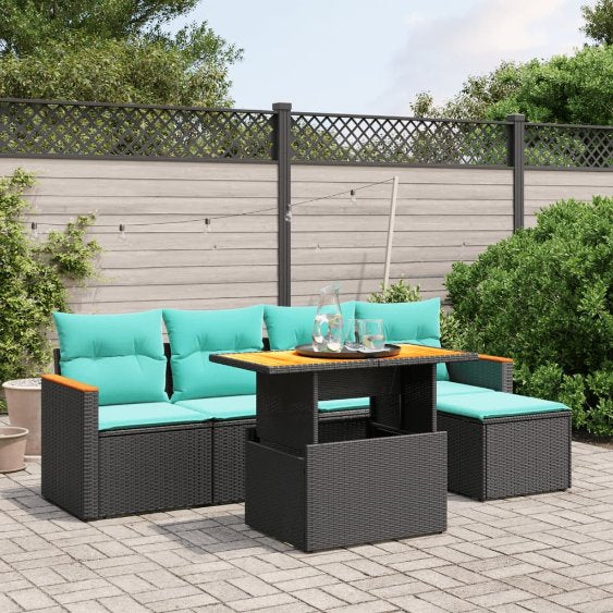 6-tlg. Garten-Sofagarnitur mit Kissen Schwarz Poly Rattan