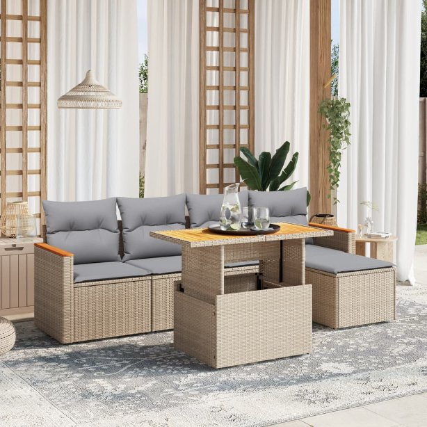 6-tlg. Garten-Sofagarnitur mit Kissen Schwarz Poly Rattan