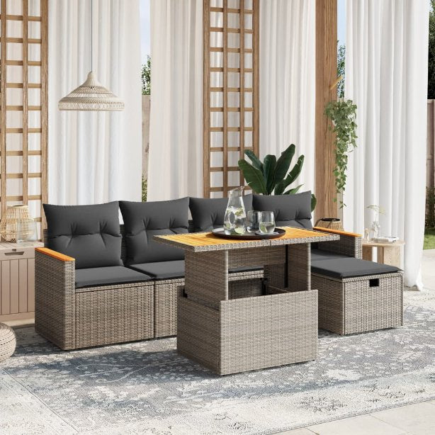 6-tlg. Garten-Sofagarnitur mit Kissen Schwarz Poly Rattan