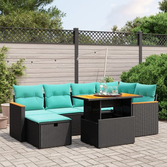 7-tlg. Garten-Sofagarnitur mit Kissen Schwarz Poly Rattan