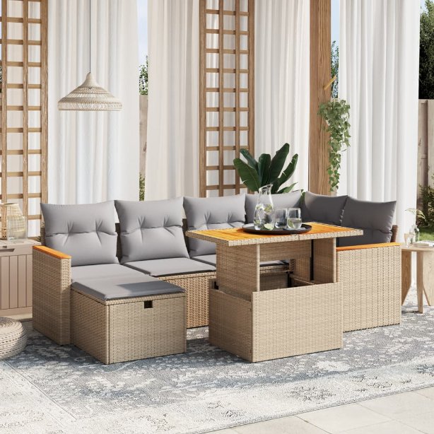 7-tlg. Garten-Sofagarnitur mit Kissen Schwarz Poly Rattan