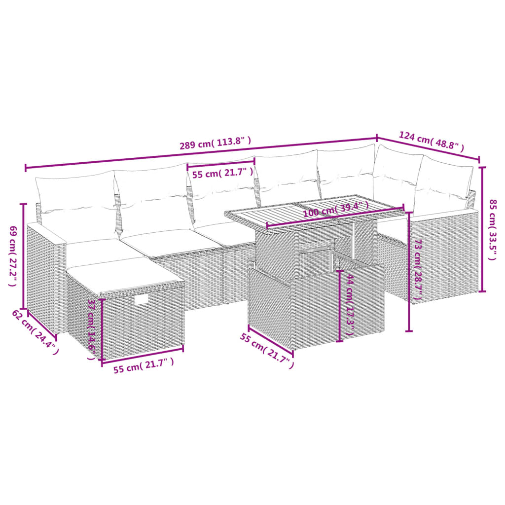 8-tlg. Garten-Sofagarnitur mit Kissen Schwarz Poly Rattan