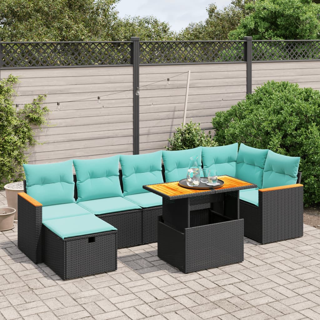 8-tlg. Garten-Sofagarnitur mit Kissen Schwarz Poly Rattan