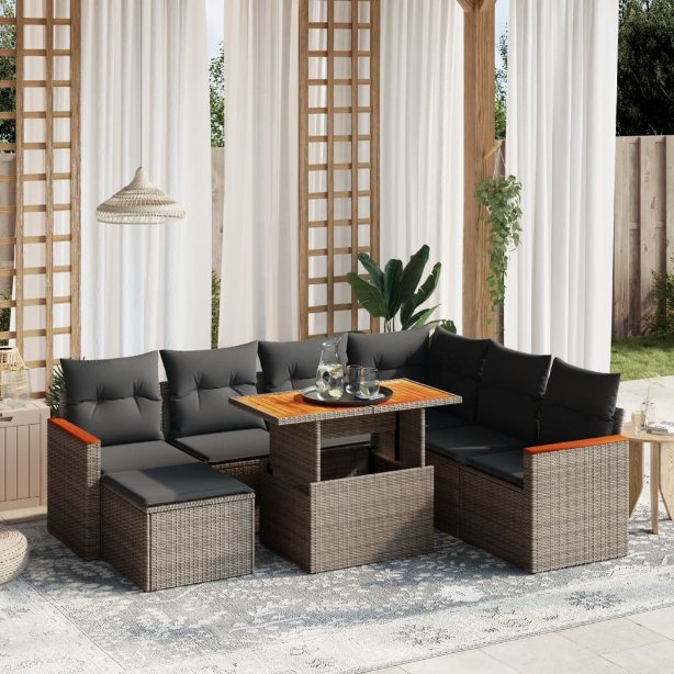 8-tlg. Garten-Sofagarnitur mit Kissen Schwarz Poly Rattan