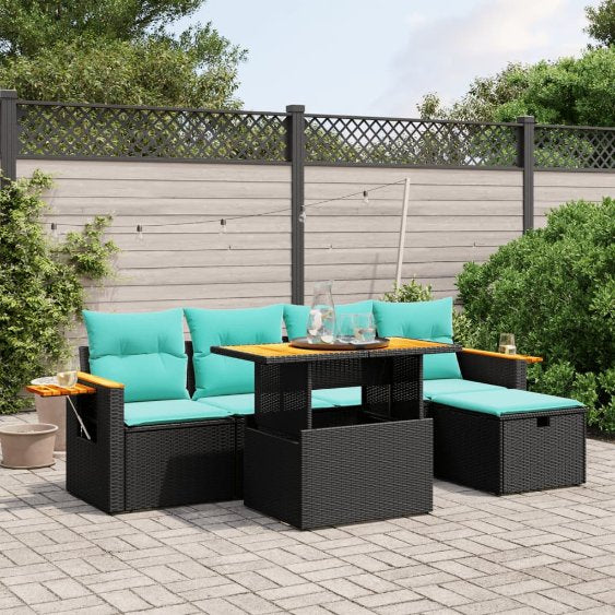 6-tlg. Garten-Sofagarnitur mit Kissen Schwarz Poly Rattan