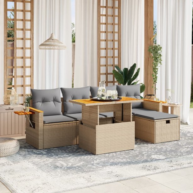 6-tlg. Garten-Sofagarnitur mit Kissen Schwarz Poly Rattan