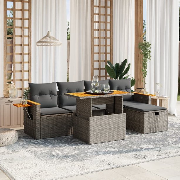 6-tlg. Garten-Sofagarnitur mit Kissen Schwarz Poly Rattan