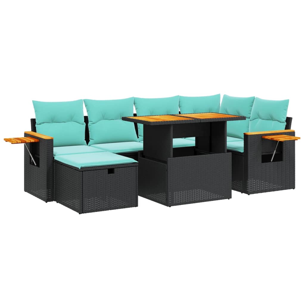 7-tlg. Garten-Sofagarnitur mit Kissen Schwarz Poly Rattan