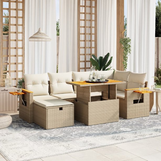 7-tlg. Garten-Sofagarnitur mit Kissen Schwarz Poly Rattan
