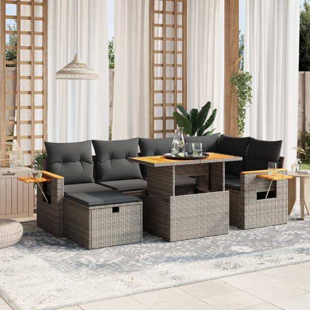 7-tlg. Garten-Sofagarnitur mit Kissen Schwarz Poly Rattan