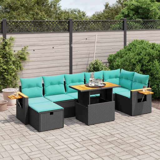8-tlg. Garten-Sofagarnitur mit Kissen Schwarz Poly Rattan