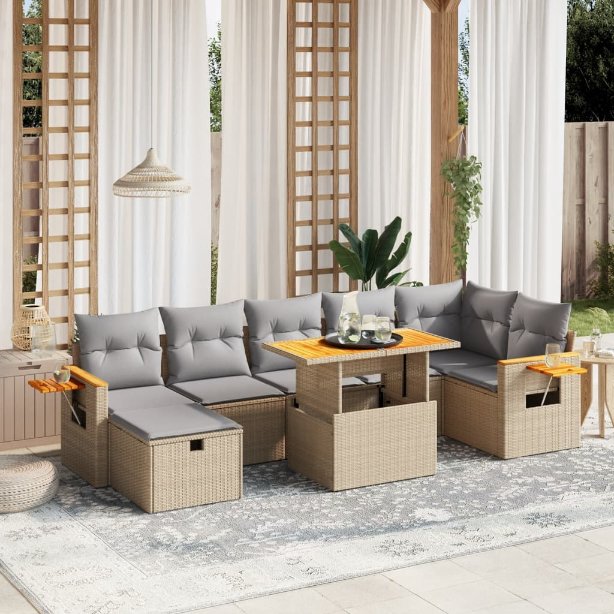 8-tlg. Garten-Sofagarnitur mit Kissen Schwarz Poly Rattan