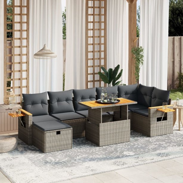 8-tlg. Garten-Sofagarnitur mit Kissen Schwarz Poly Rattan