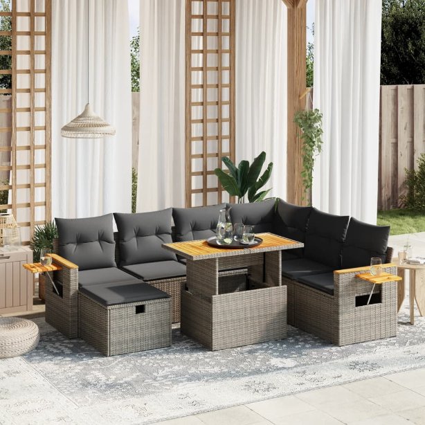 8-tlg. Garten-Sofagarnitur mit Kissen Schwarz Poly Rattan