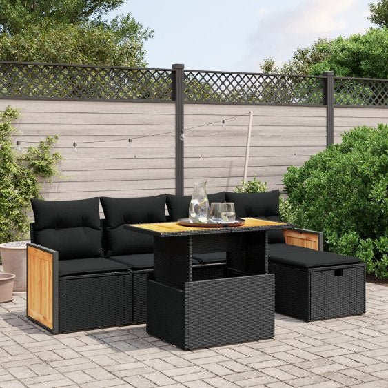 6-tlg. Garten-Sofagarnitur mit Kissen Schwarz Poly Rattan