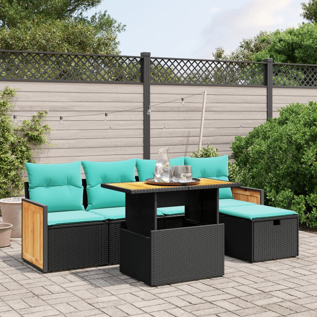6-tlg. Garten-Sofagarnitur mit Kissen Schwarz Poly Rattan