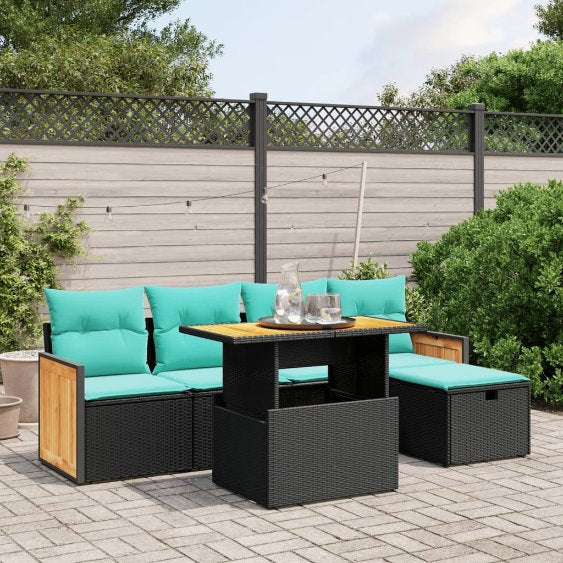 6-tlg. Garten-Sofagarnitur mit Kissen Schwarz Poly Rattan