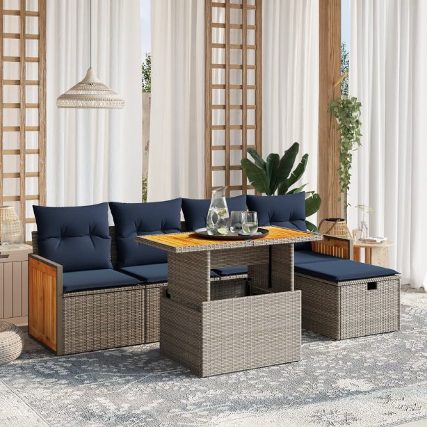 6-tlg. Garten-Sofagarnitur mit Kissen Schwarz Poly Rattan