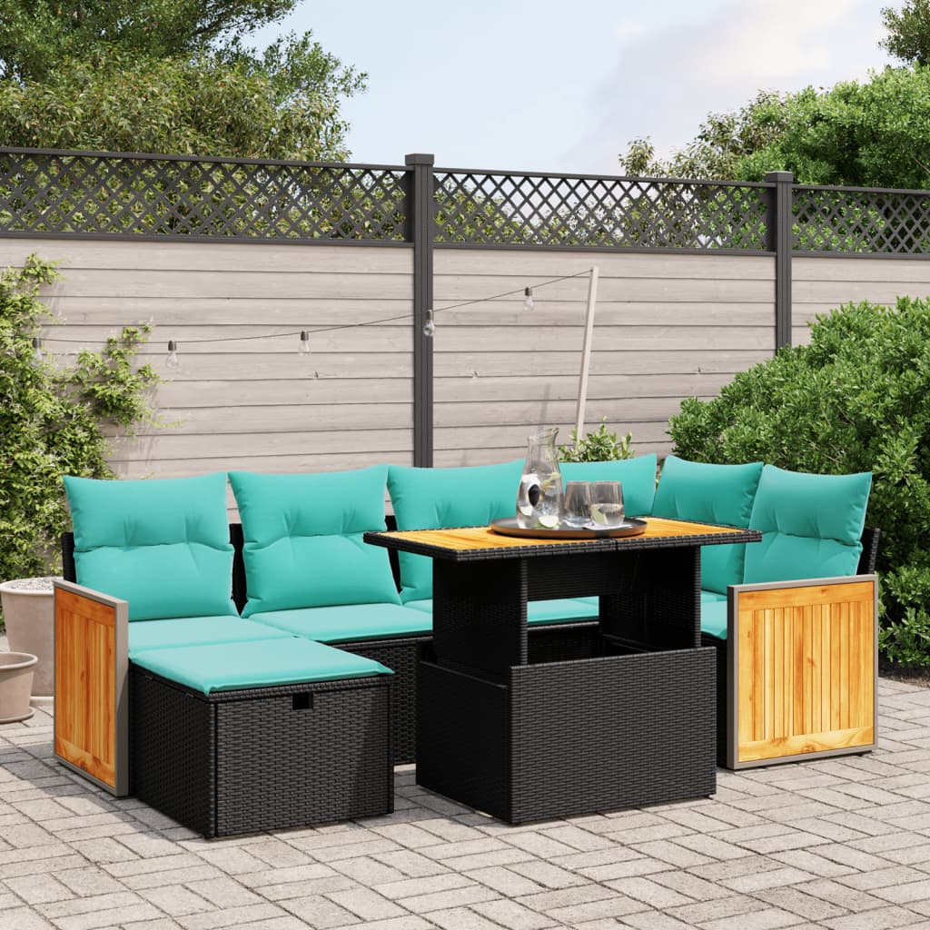 7-tlg. Garten-Sofagarnitur mit Kissen Schwarz Poly Rattan