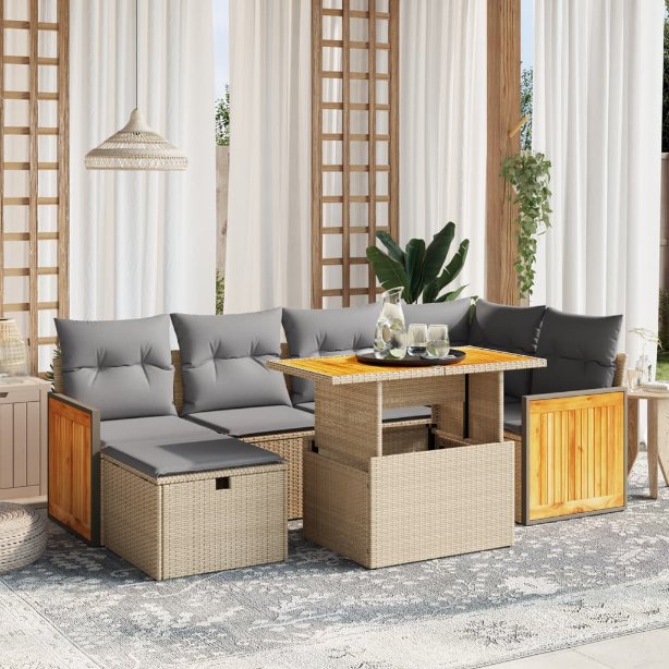 7-tlg. Garten-Sofagarnitur mit Kissen Schwarz Poly Rattan