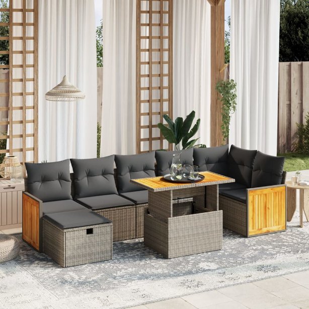8-tlg. Garten-Sofagarnitur mit Kissen Schwarz Poly Rattan