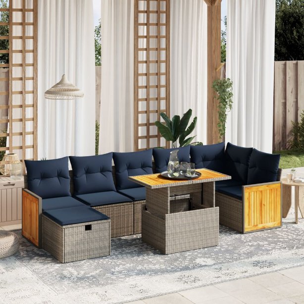 8-tlg. Garten-Sofagarnitur mit Kissen Schwarz Poly Rattan