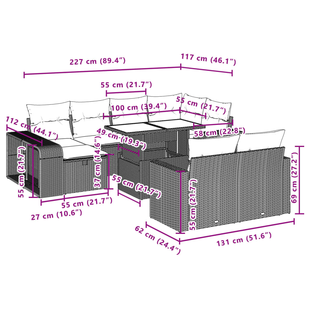 vidaXL 11-tlg. Garten-Sofagarnitur mit Kissen Schwarz Poly Rattan