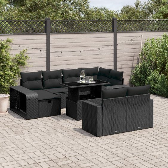 vidaXL 11-tlg. Garten-Sofagarnitur mit Kissen Schwarz Poly Rattan