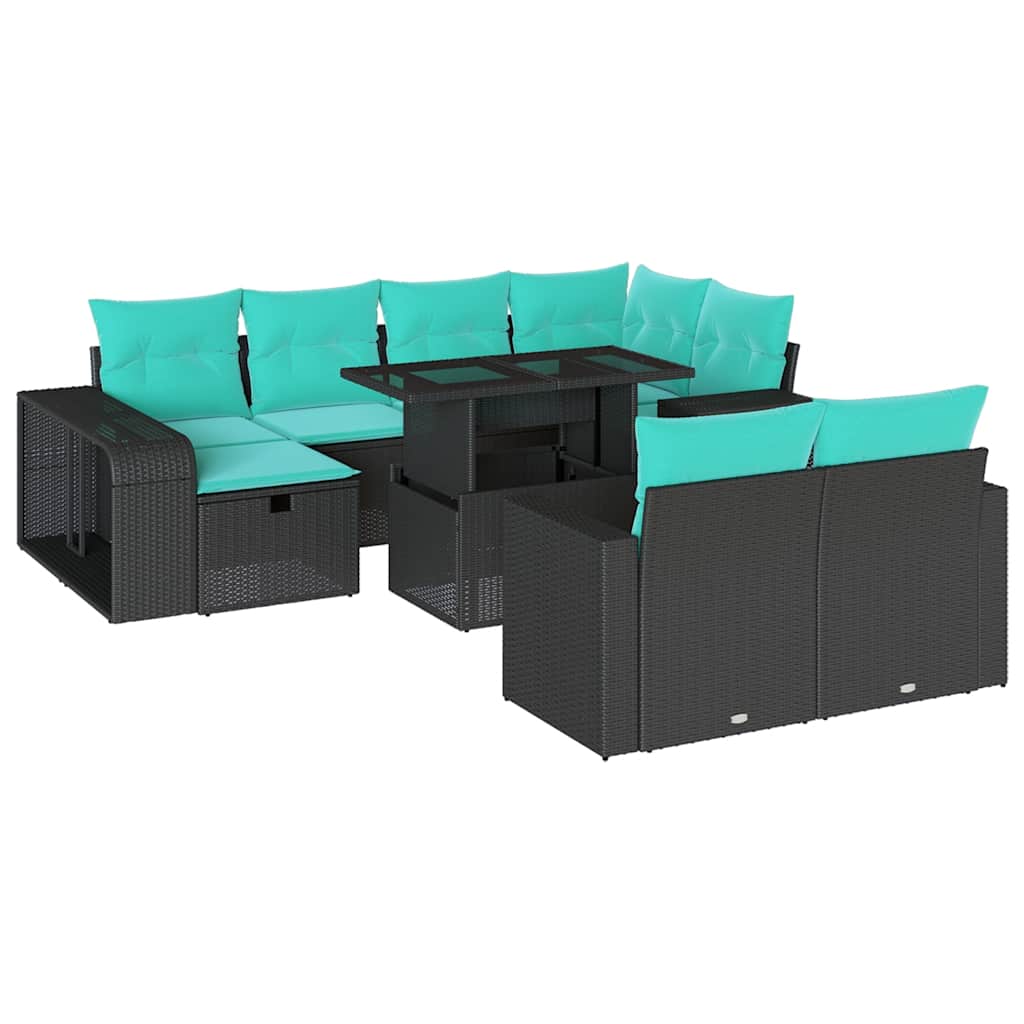 vidaXL 11-teiliges Gartensofa-Set mit Kissen, schwarzes Polyrattan