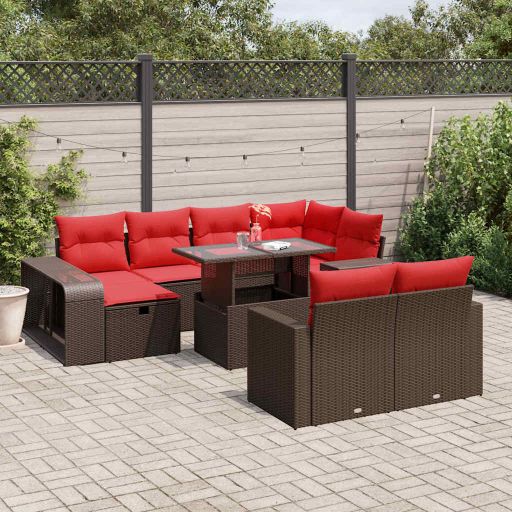 vidaXL 11-teiliges Gartensofa-Set mit Kissen, schwarzes Polyrattan
