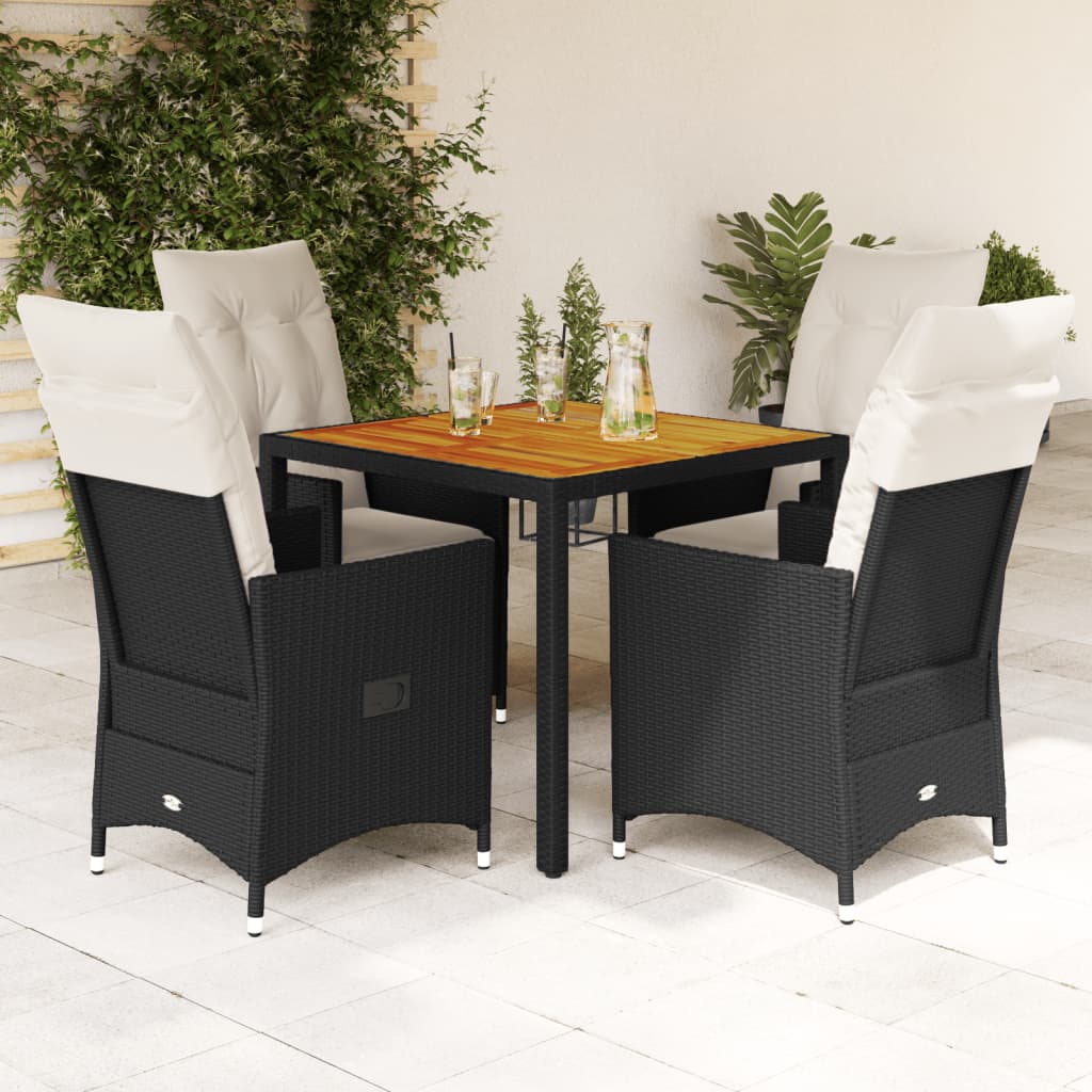 3-tlg. Bistro-Set mit Kissen Schwarz Poly Rattan und Akazie